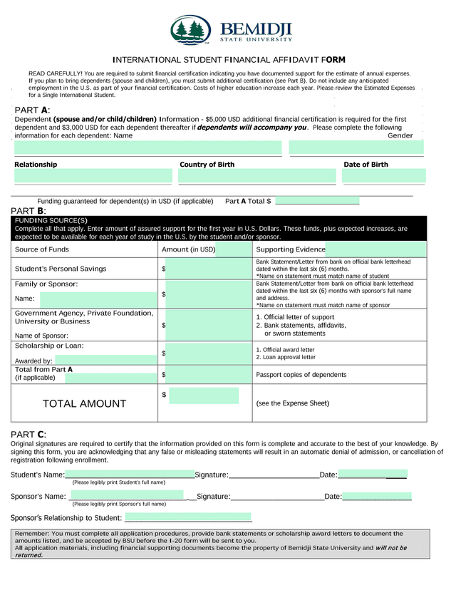 International Student Financial Affidavit Form screenshot