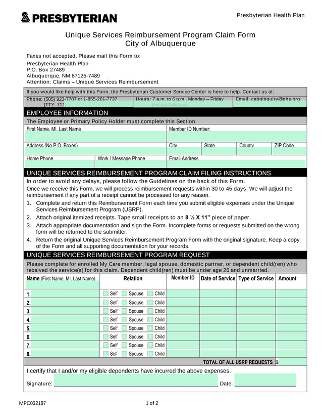 Unique Services Reimbursement Program Claim Form screenshot