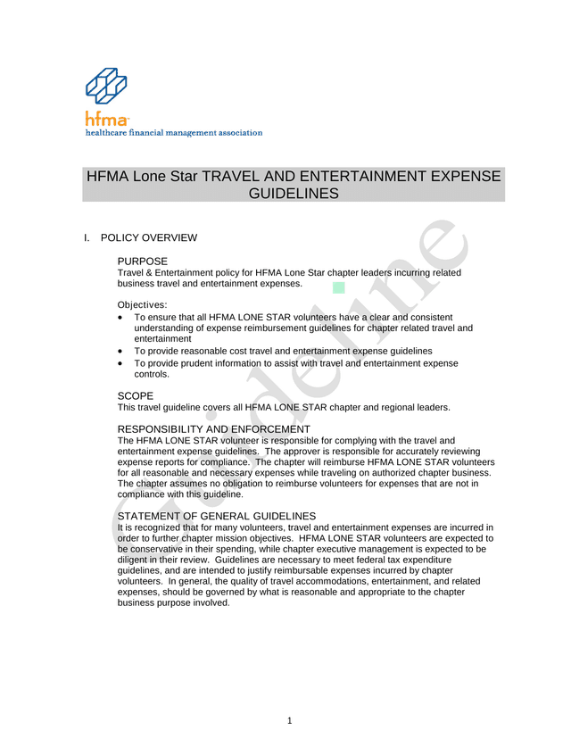 HFMA Lone Star TRAVEL AND ENTERTAINMENT EXPENSE GUIDELINES screenshot