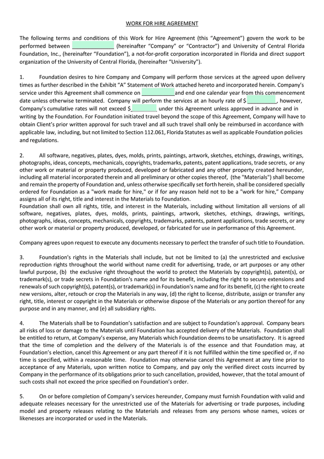 Work For Hire Agreement screenshot