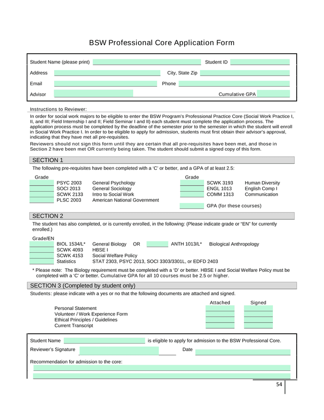 BSW Professional Core Application Form screenshot