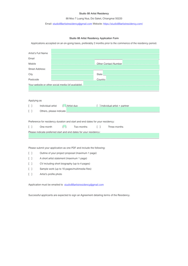 Studio 88 Artist Residency Application Form screenshot