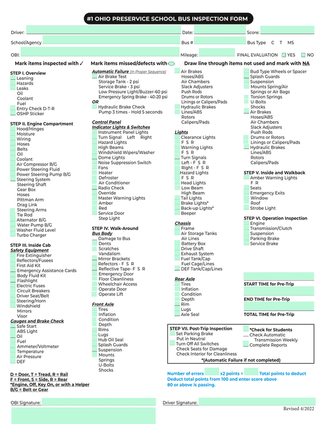 1 OHIO PRESERVICE SCHOOL BUS INSPECTION FORM screenshot