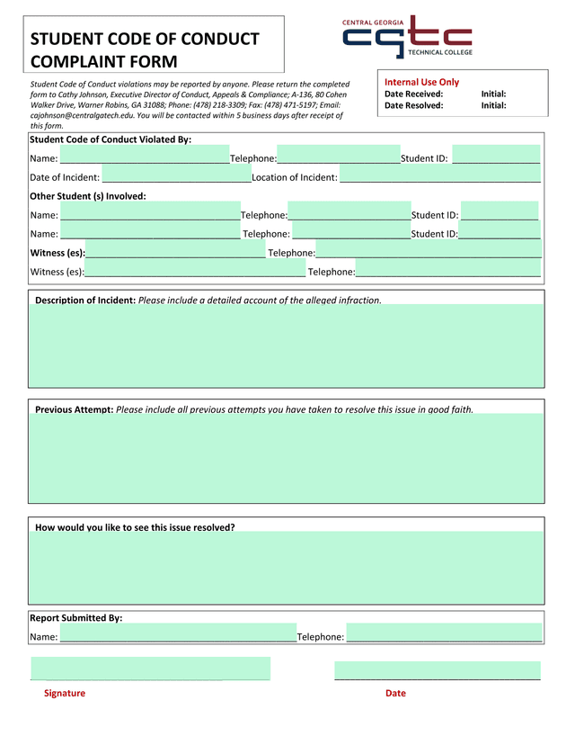 Student Code Of Conduct Complaint Form screenshot