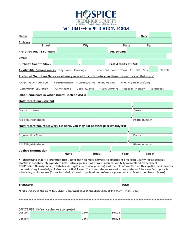 VOLUNTEER APPLICATION FORM screenshot