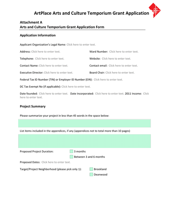 ArtPlace Arts And Culture Temporium Grant Application screenshot