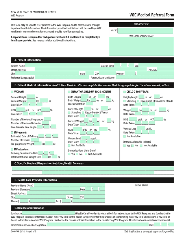 DOH 799 WIC Medical Referral Form screenshot