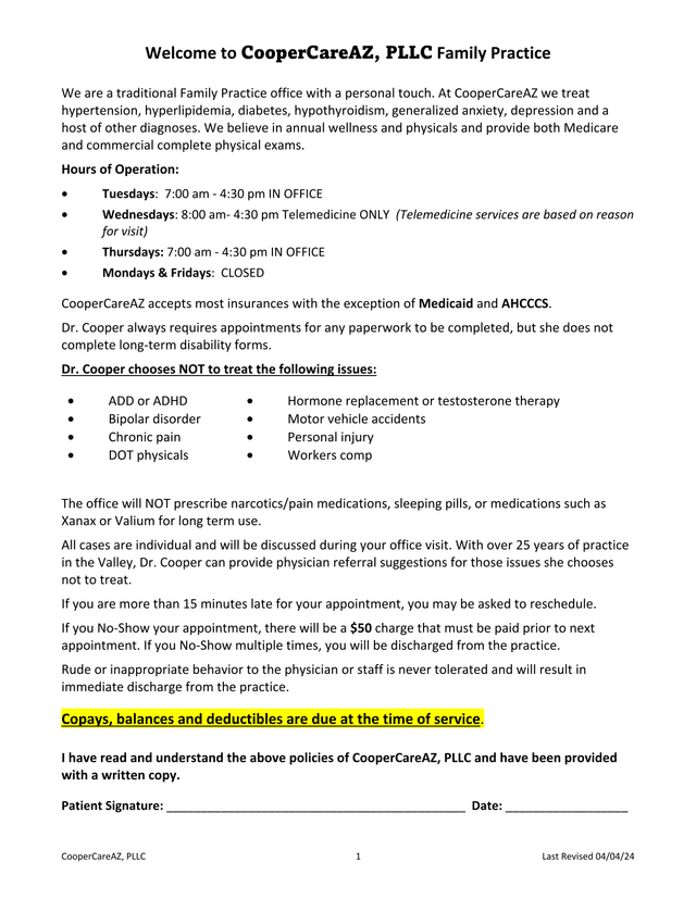 CooperCareAZ, PLLC Family Practice Patient Policy screenshot