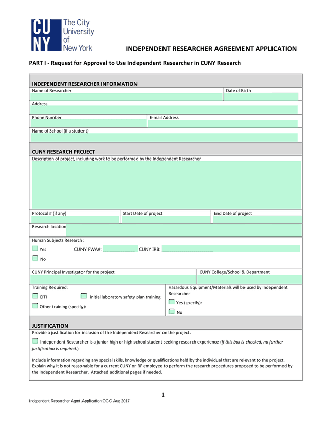 Independent Researcher Agreement Application screenshot