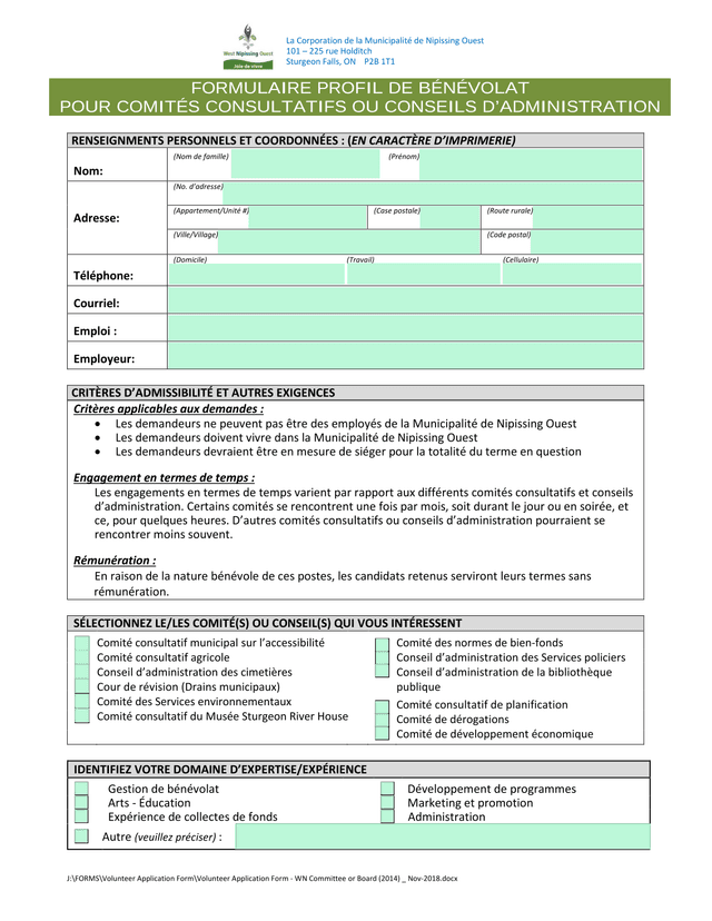 Formulaire Profil De Bnvolat Pour Comits Consultatifs Ou Conseils DAdministration screenshot