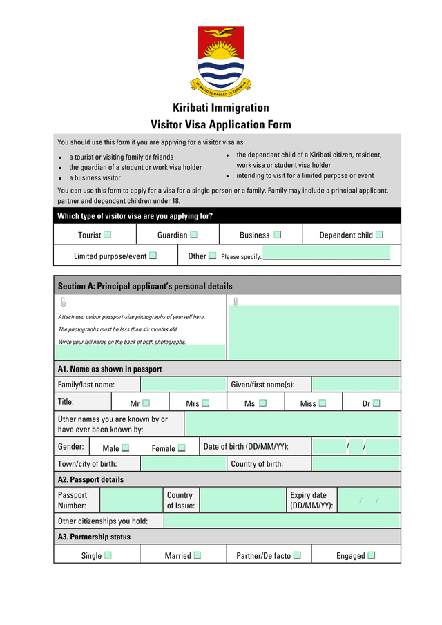 Kiribati Immigration Visitor Visa Application Form screenshot