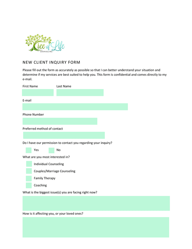 NEW CLIENT INQUIRY FORM screenshot
