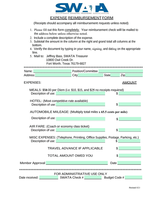 EXPENSE REIMBURSEMENT FORM screenshot