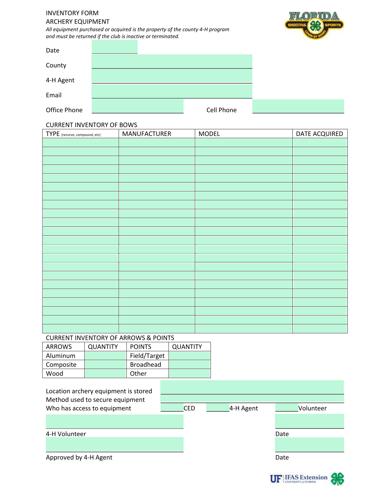 INVENTORY FORM ARCHERY EQUIPMENT screenshot