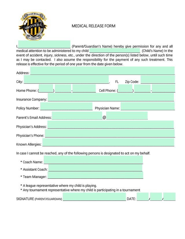 Medical Release Form screenshot