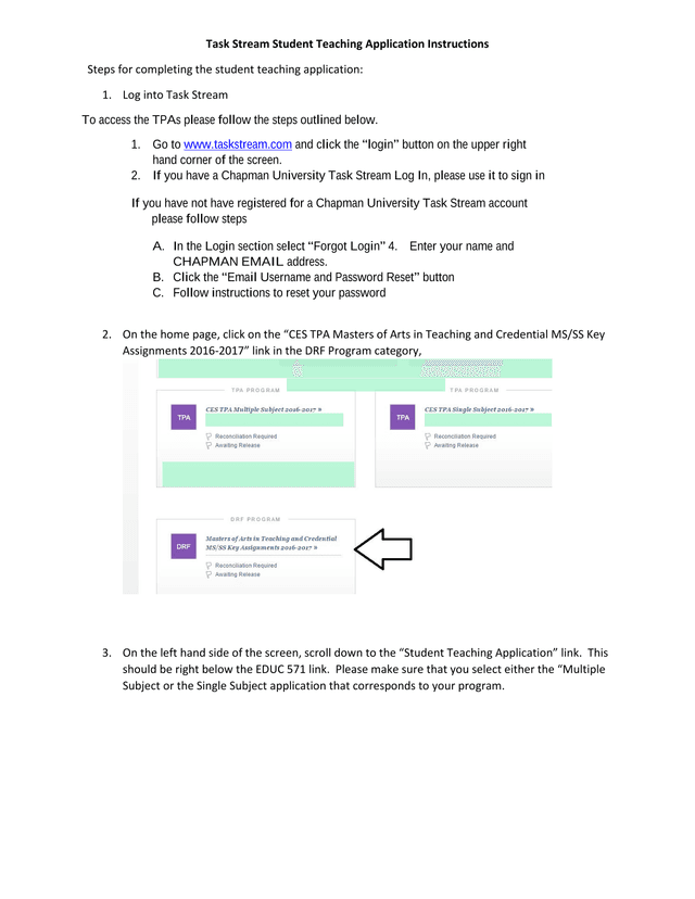 Task Stream Student Teaching Application Instructions screenshot