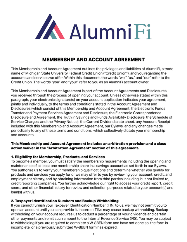 Membership And Account Agreement screenshot