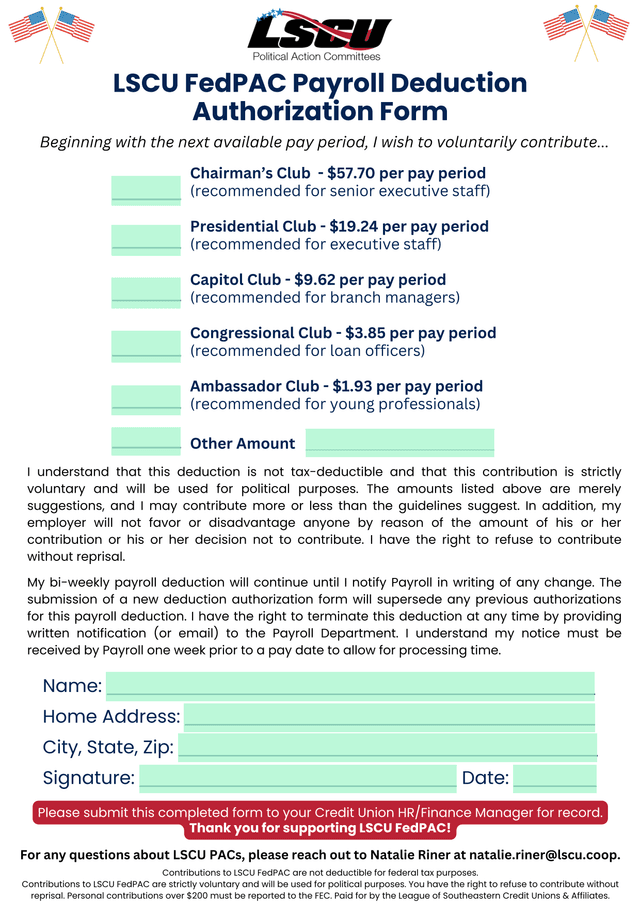 LSCU FedPAC Payroll Deduction Authorization Form screenshot