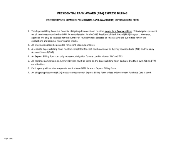 Presidential Rank Award (PRA) Express Billing Form screenshot