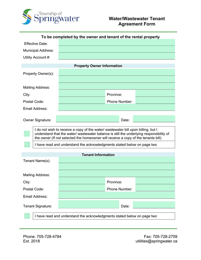 WaterWastewater Tenant Agreement Form screenshot