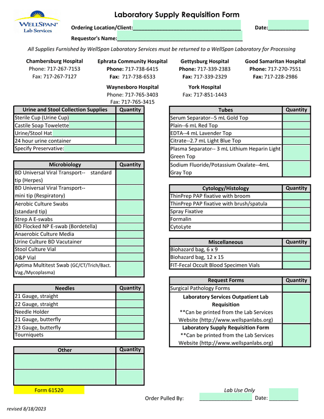 Laboratory Supply Requisition Form screenshot