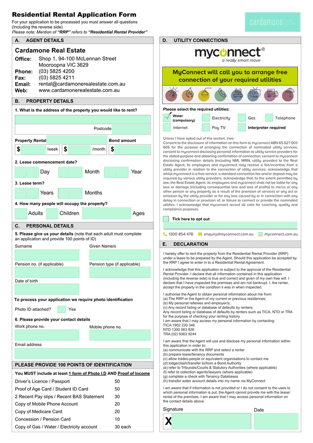Residential Rental Application Form screenshot