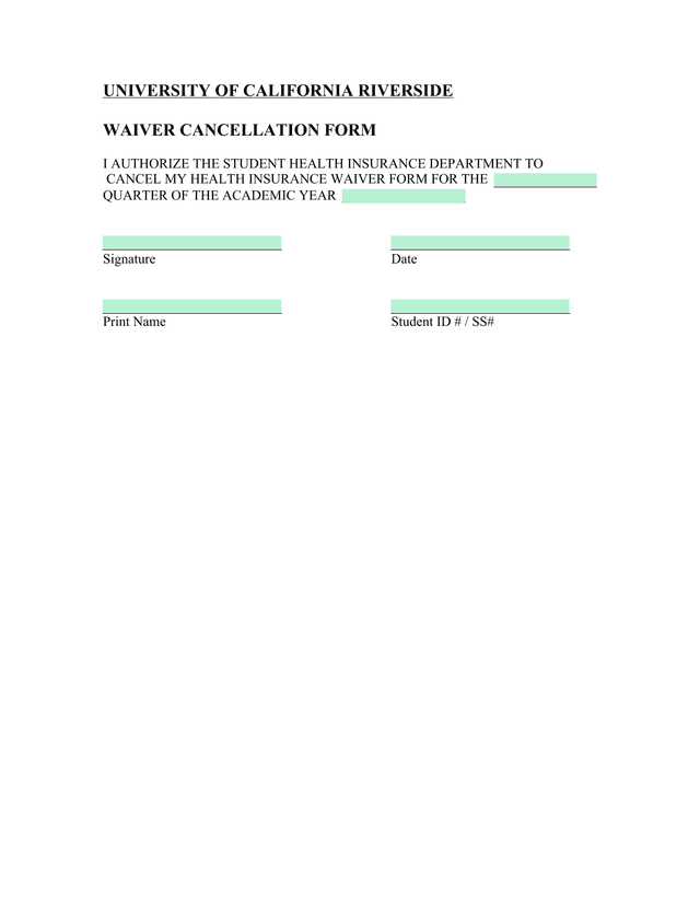 WAIVER CANCELLATION FORM screenshot
