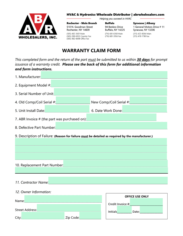 WARRANTY CLAIM FORM screenshot