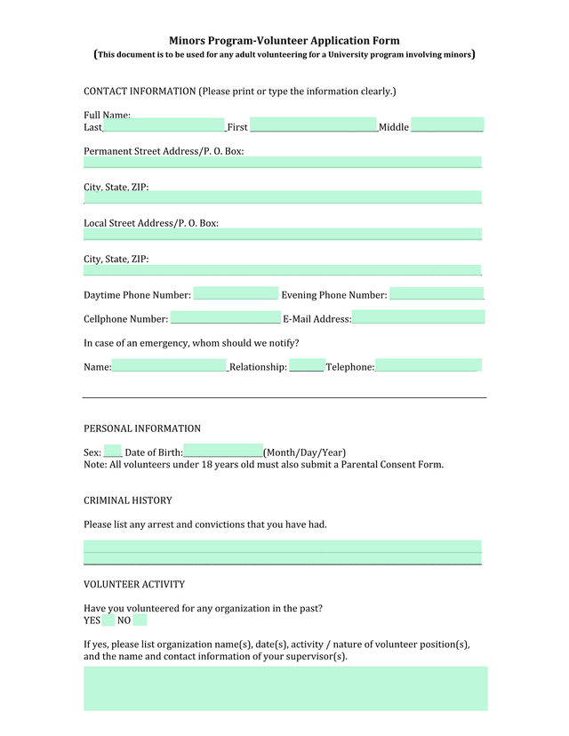 MinorsProgramVolunteerApplicationForm screenshot