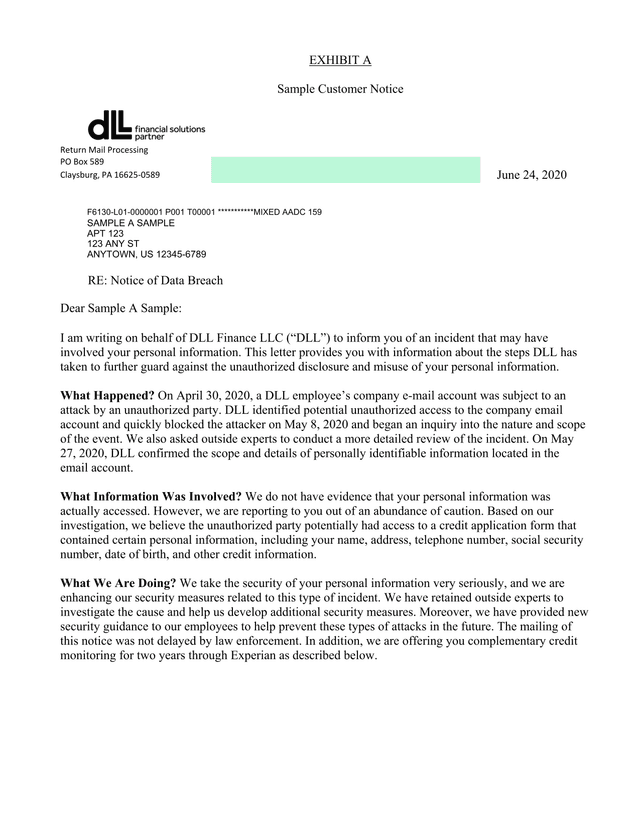 Sample Customer Notice screenshot