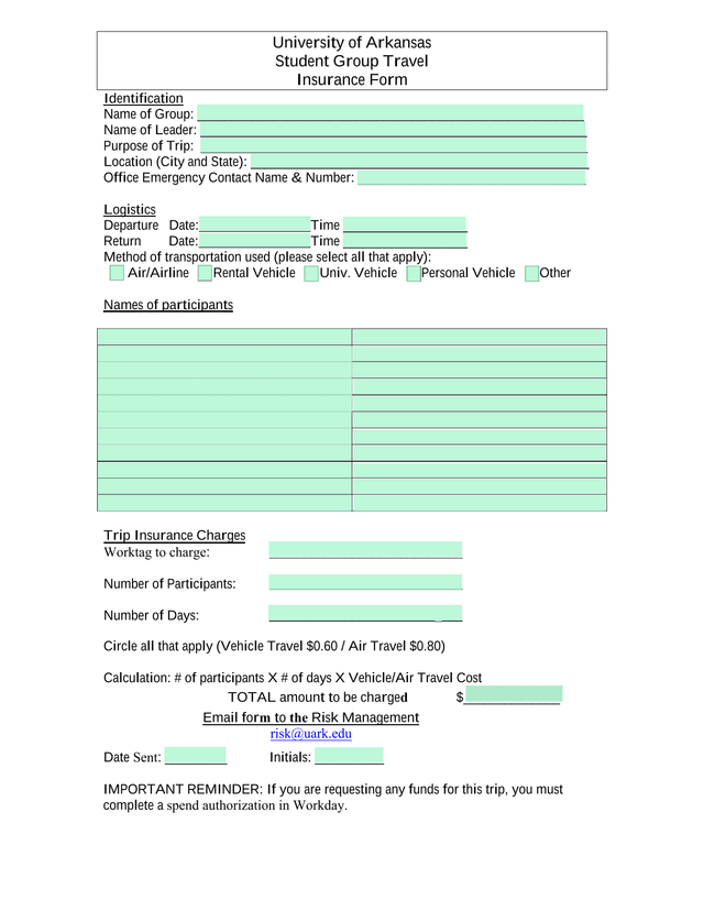 Student Group Travel Insurance Form screenshot