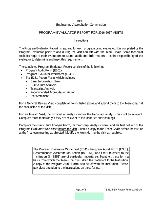 ABET Program Evaluator Report Form screenshot