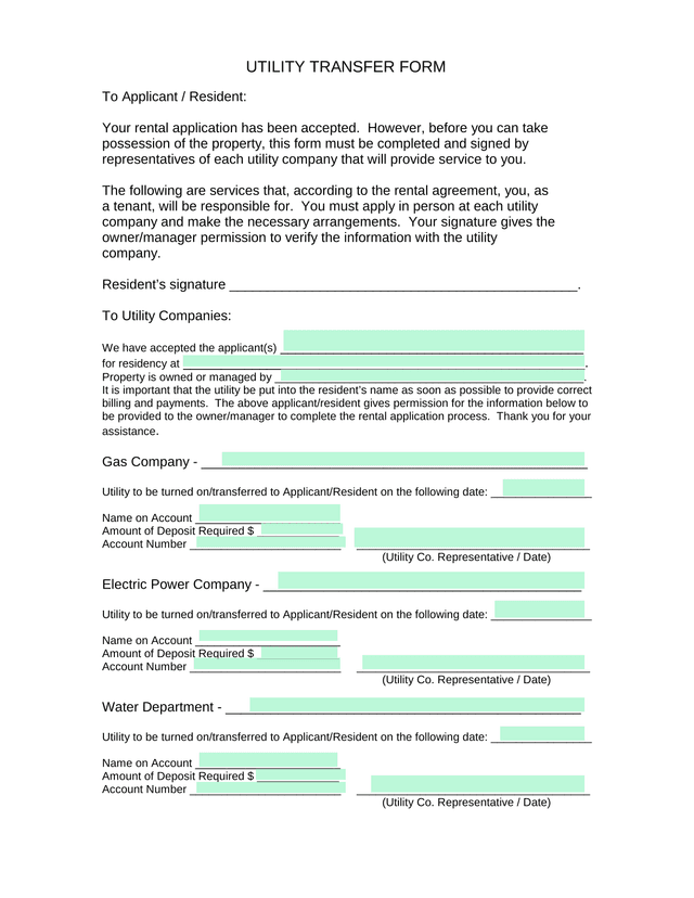 Utility Transfer Form screenshot