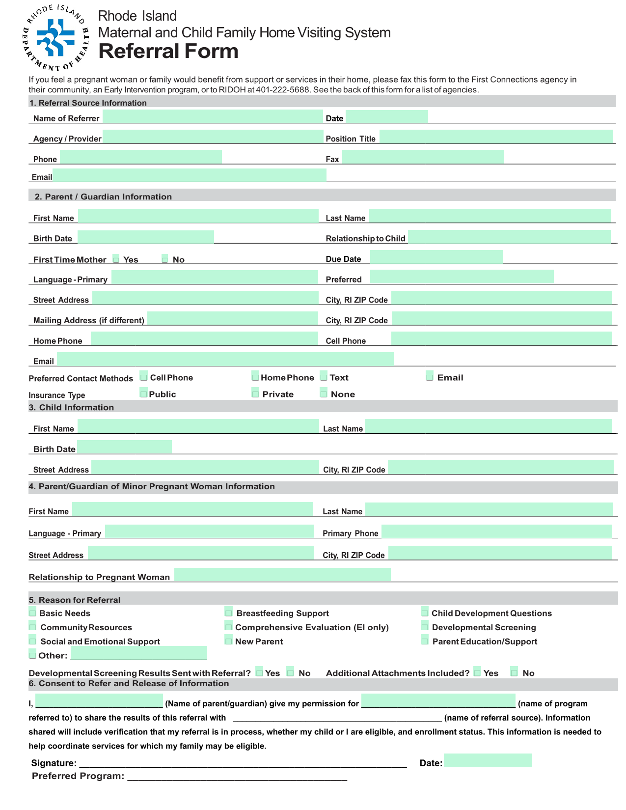Rhode Island Maternal And Child Family Home Visiting System Referral Form screenshot