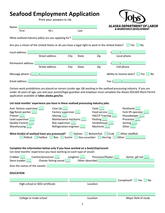 Seafood Employment Application screenshot