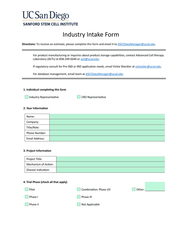 Industry Intake Form screenshot