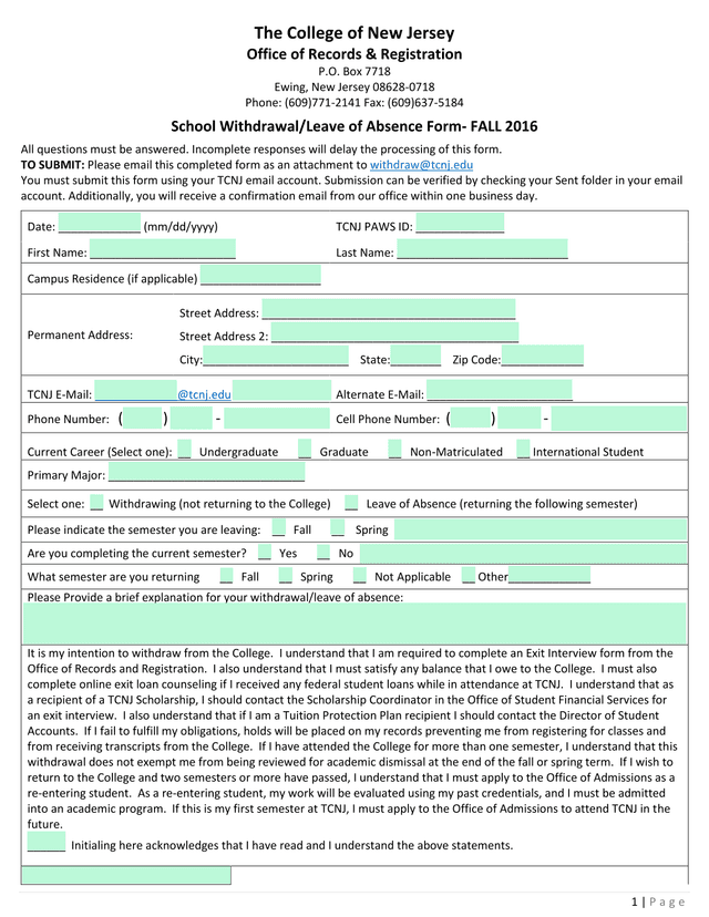 School WithdrawalLeave Of Absence Form  FALL 2016 screenshot