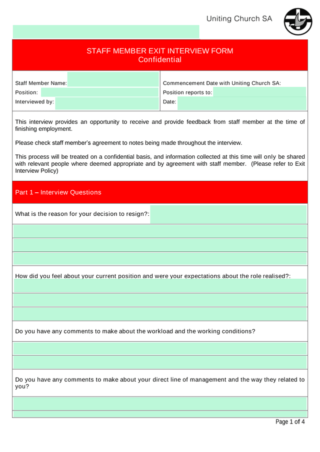 STAFF MEMBER EXIT INTERVIEW FORM screenshot