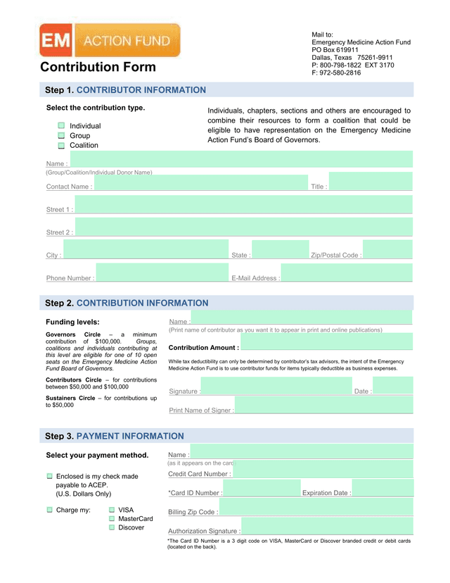 Emergency Medicine Action Fund Contribution Form screenshot