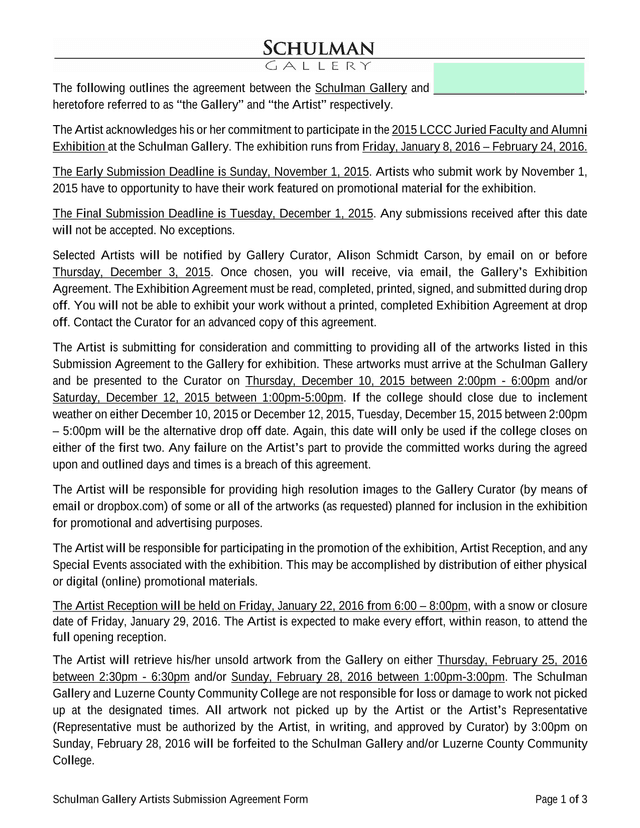 Schulman Gallery Artists Submission Agreement Form screenshot