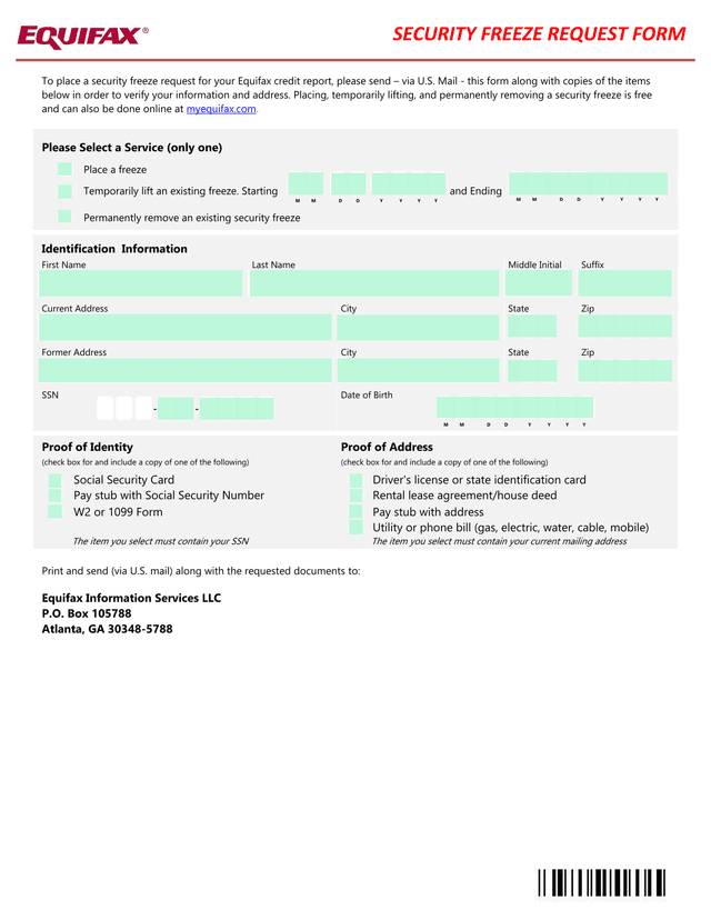 Security Freeze Request Form screenshot