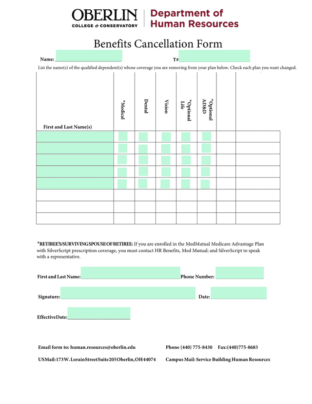 Benefits Cancellation Form screenshot