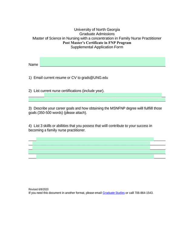 Supplemental Application Form   Master Of Science In Nursing With A Concentration In Family Nurse Pr screenshot