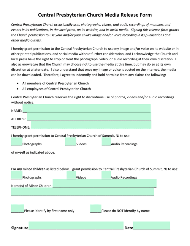 Central Presbyterian Church Media Release Form screenshot
