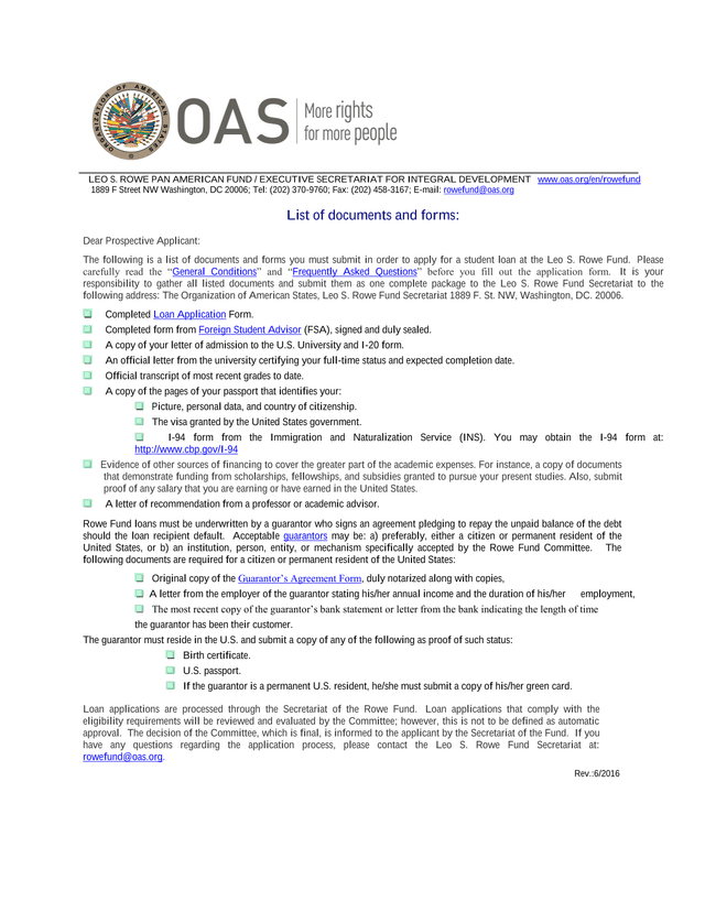 Leo S. Rowe Pan American Fund Student Loan Application screenshot