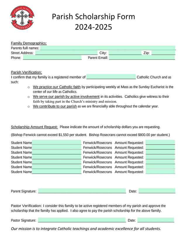 Parish Scholarship Form 2024 2025 screenshot