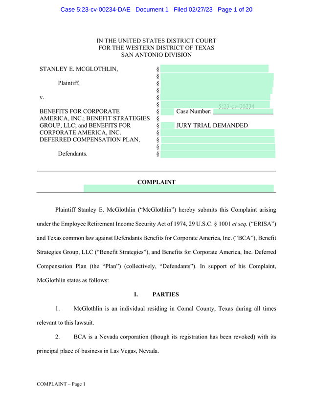 COMPLAINT  Stanley E. McGlothlin V. Benefits For Corporate America, Inc., Et Al. screenshot