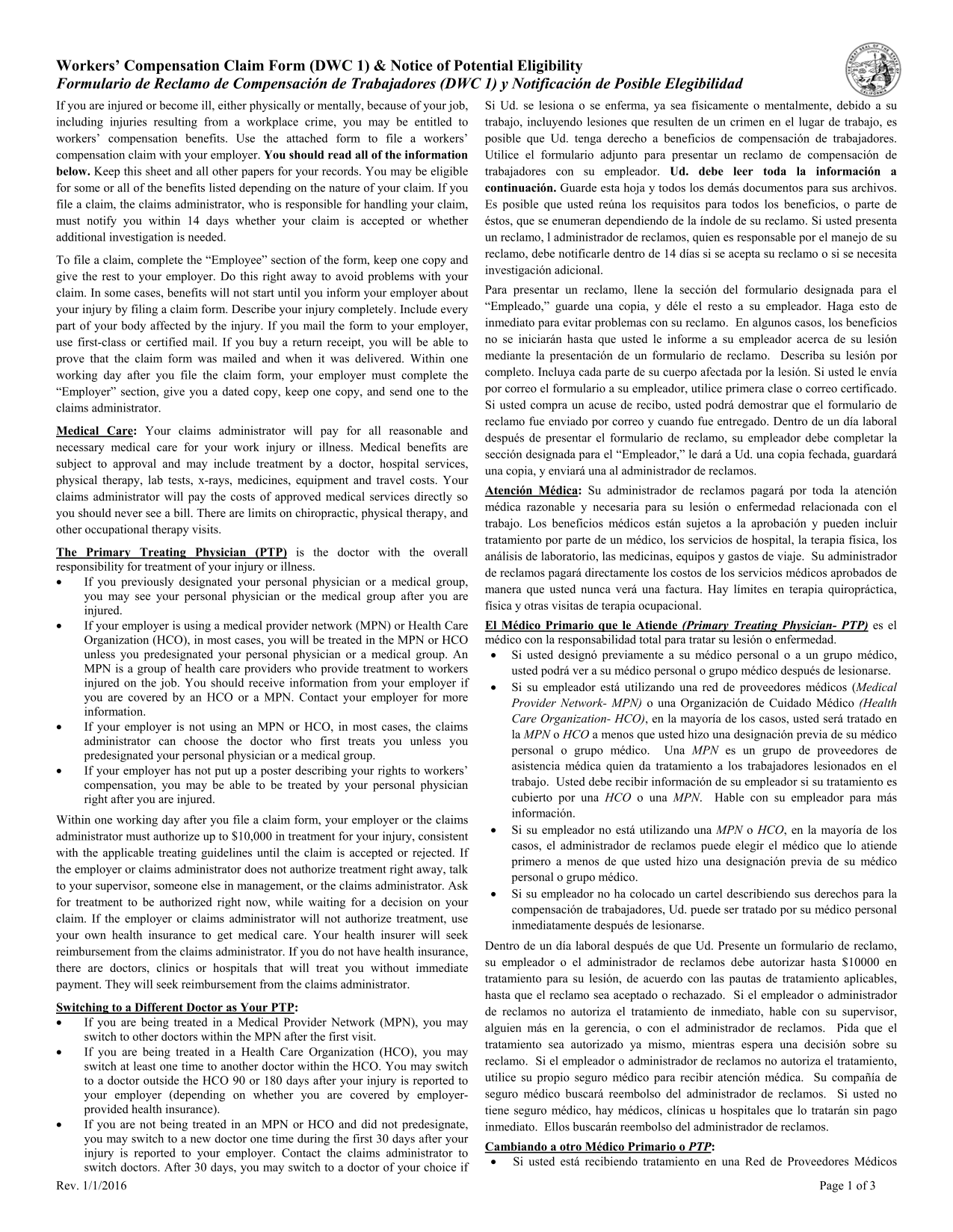 Workers Compensation Claim Form (DWC 1) screenshot