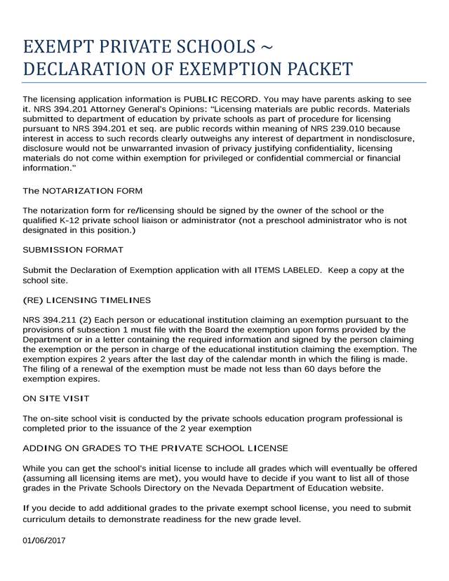EXEMPT PRIVATE SCHOOLS  DECLARATION OF EXEMPTION PACKET screenshot