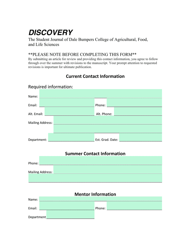 Current Student Information Form For DISCOVERY Journal screenshot